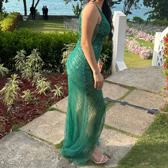 Jovani - 63405 Asymmetrical Beaded Illusion High Slit Gown Emerald - Picture 4 of 6